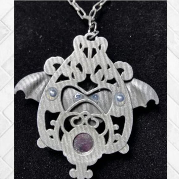 "Evil Bat" Bird Skeleton Head and Ruby-Colored Austrian Crystal Pendant - Picture 4 of 11